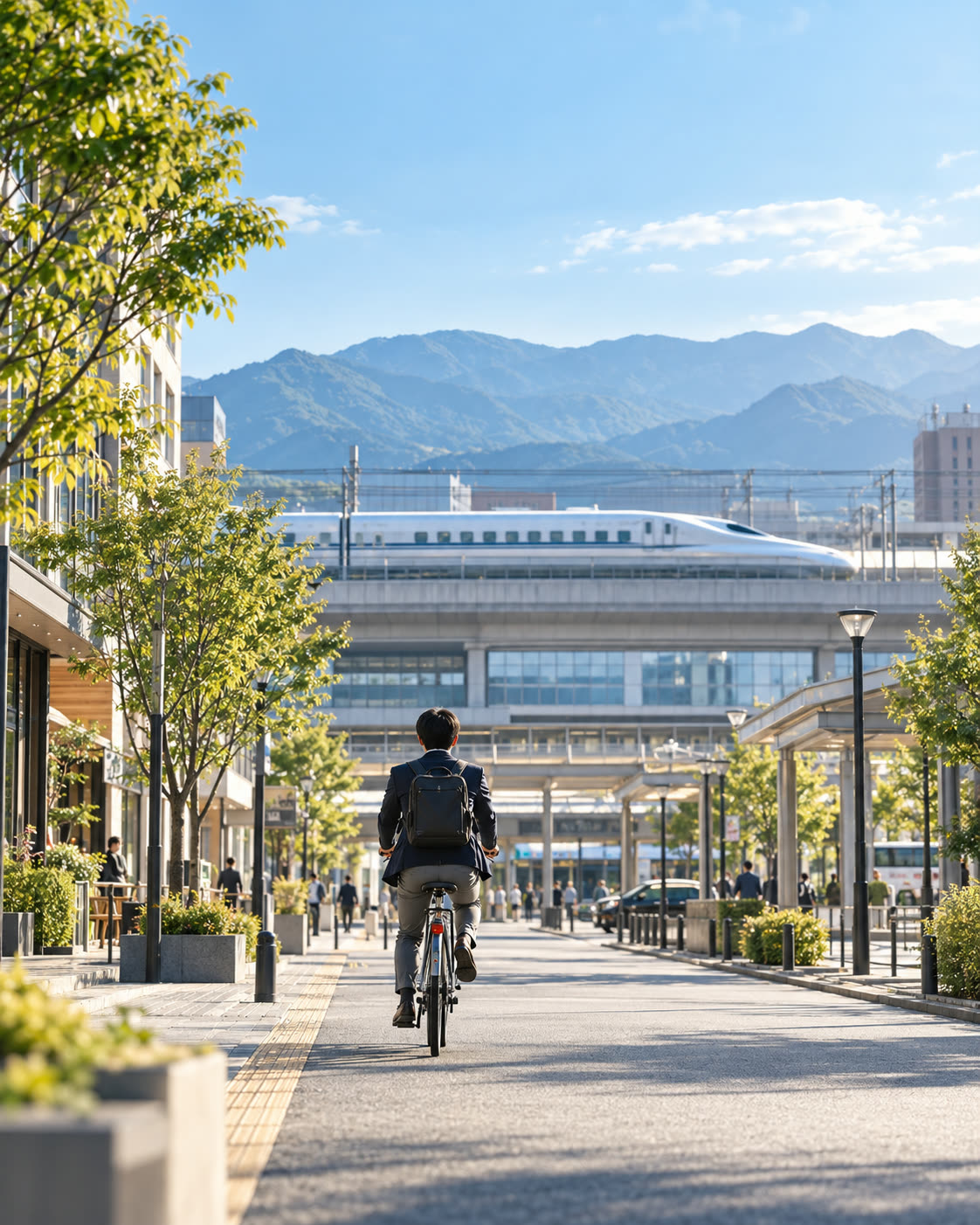 自転車で駅へ向かう朝の街なかと新幹線